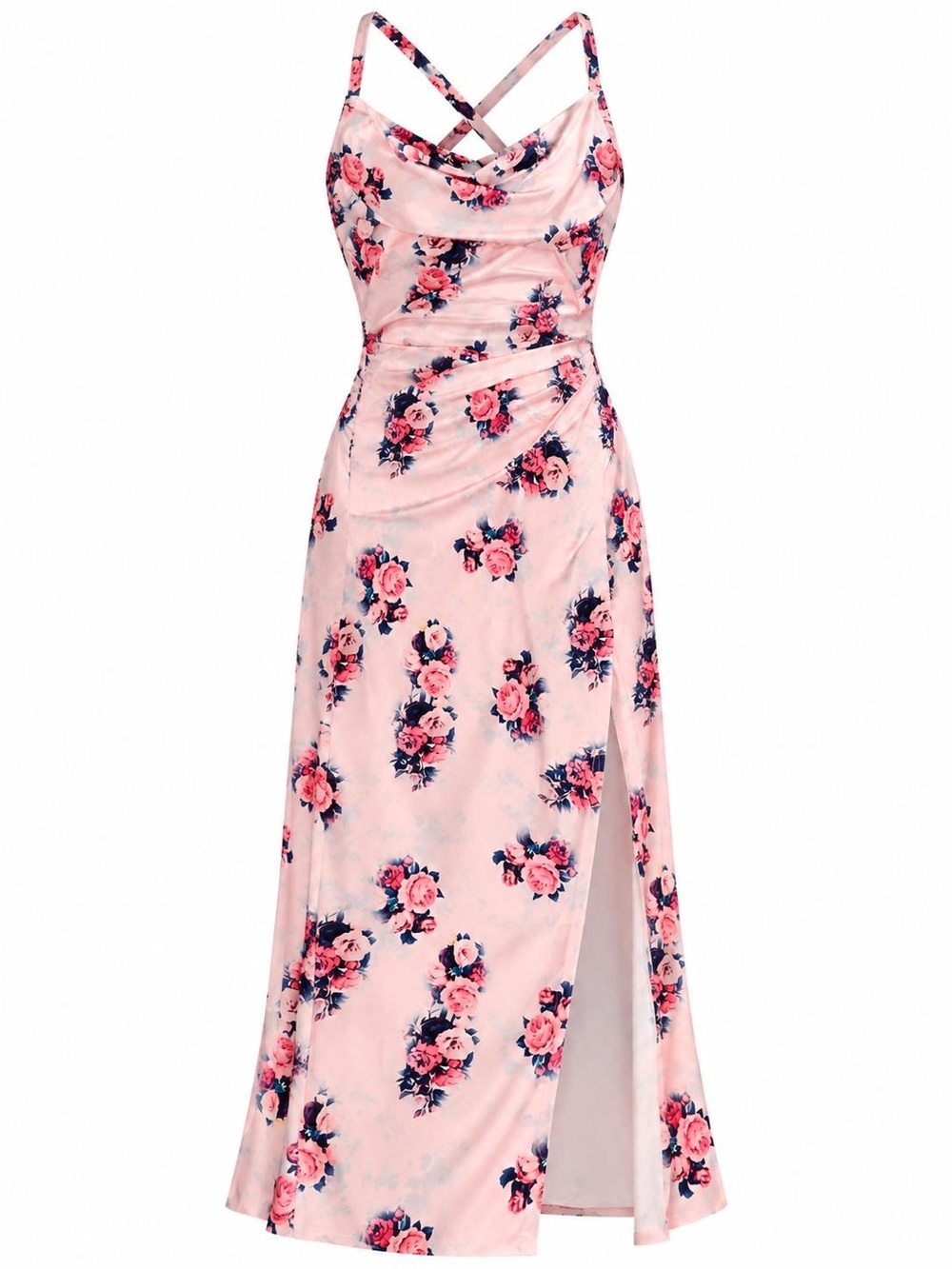 SHEIN Pink Floral Cowl Midi Slip Dress with Side Slit